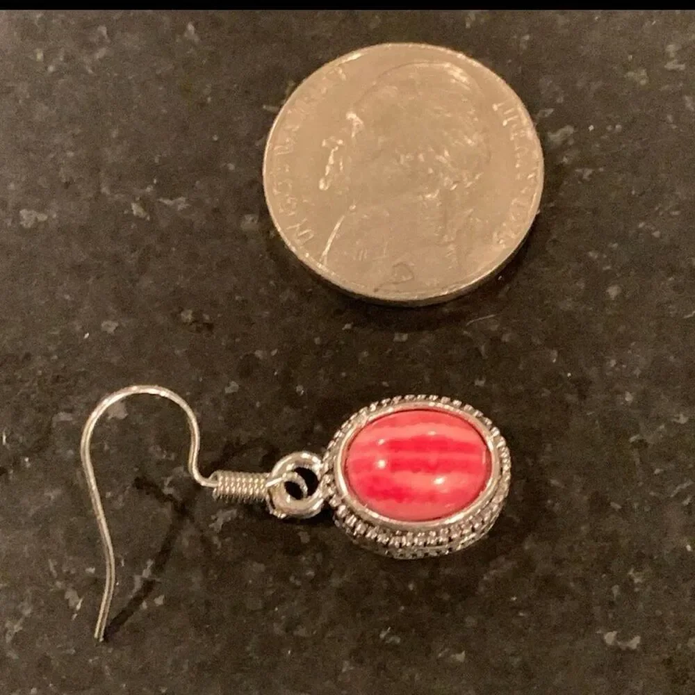 Balinese Style Coral Red Stone Drop Earrings Dark Silver Tone